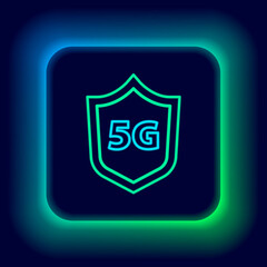 Glowing neon line Protective shield 5G wireless internet wifi icon isolated on black background. Global network high speed connection data rate technology. Colorful outline concept. Vector