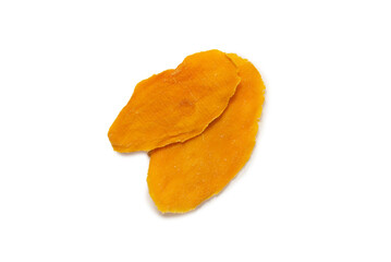 Dry tasty mango slices isolated on a white background.