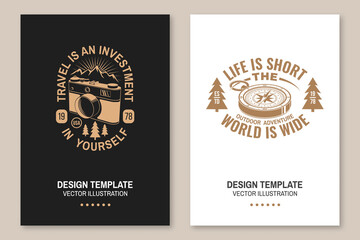 Set of travel inspirational quotes. Vector. Concept for shirt or logo, print, stamp or tee. Vintage typography design with retro photo camera, backpack, compass and mountain silhouette. Camping quote