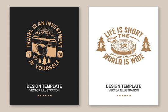 Set of travel inspirational quotes. Vector. Concept for shirt or logo, print, stamp or tee. Vintage typography design with retro photo camera, backpack, compass and mountain silhouette. Camping quote