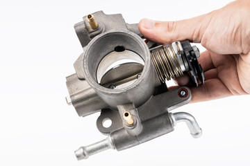 car engine part intake throttle body isolated on white background. auto manifold engine throttle...