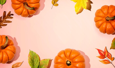 Autumn pumpkins with colorful leaves overhead view