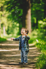 little toddler boy stands on a footpath in the forest