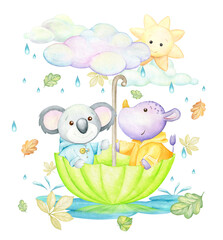 Koala, rhino, umbrella, rain, autumn leaves, clouds, sun. A watercolor concept, in a cartoon style, on an isolated background.