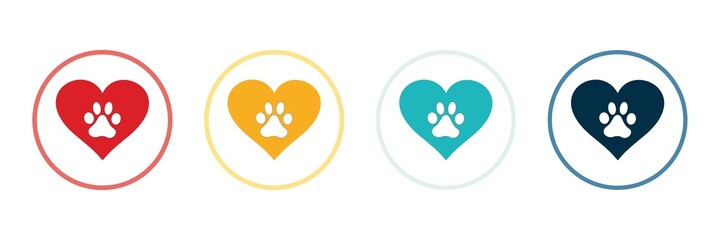 Dog paw icon on heart. Paw. Dog tracks. Set. Vector illustration.