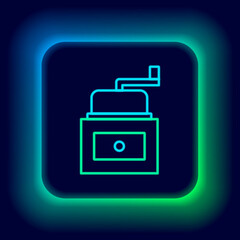 Glowing neon line Manual coffee grinder icon isolated on black background. Colorful outline concept. Vector