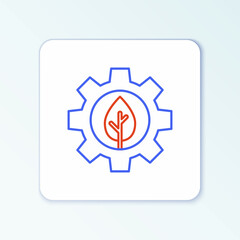 Line Leaf plant ecology in gear machine icon isolated on white background. Eco friendly technology. World Environment day label. Colorful outline concept. Vector