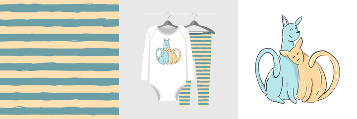 Seamless pattern and illustration set with two cats hugging