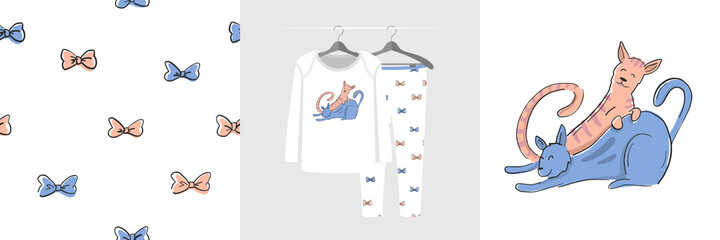 Seamless pattern and illustration set with two cats hugging