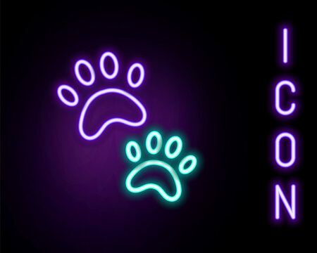 Glowing neon line Paw print icon isolated on black background. Dog or cat paw print. Animal track. Colorful outline concept. Vector