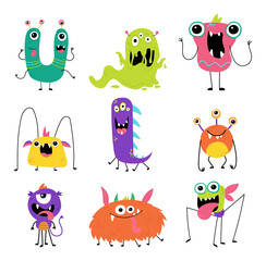 Set of cute monsters isolated on white background. Funny monster characters. Design for print, party decoration, t-shirt, illustration, logo, emblem or sticker. Vector illustration in cartoon style.