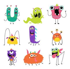 Fotobehang Set of cute monsters isolated on white background. Funny monster characters. Design for print, party decoration, t-shirt, illustration, logo, emblem or sticker. Vector illustration in cartoon style. © Olha