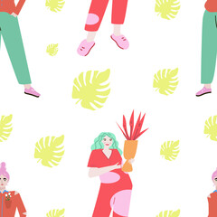 Seamless pattern. Girls in different poses with bouquets of flowers. Hand drawn trendy flat illustration. Design for banner, card, placard, brochure.