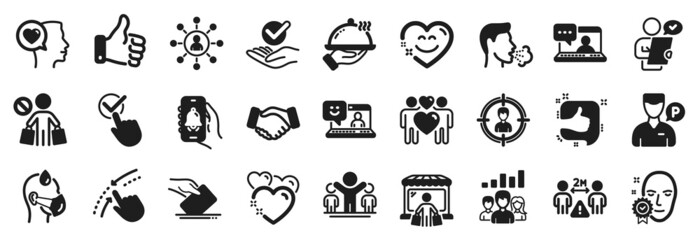 Set of People icons, such as Customer survey, Face verified, Love couple icons. Like, Romantic talk, Social distance signs. Approved, Networking, Teamwork results. Market buyer, Handshake. Vector