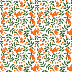 Seamless pattern with branches of rowanberry leaves  and berries in autumn