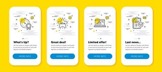 Vector set of Best result, Graph laptop and New star line icons set. UI phone app screens with line icons. Survey checklist icon. Timer award, Mobile report, Shopping. Report. Phone UI banners. Vector