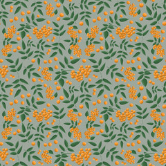 Seamless pattern with branches of rowanberry leaves  and berries in autumn