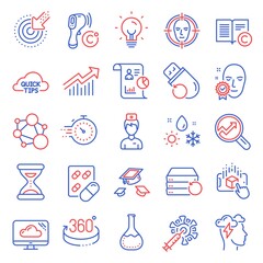 Science icons set. Included icon as 360 degrees, Report, Quick tips signs. Timer, Electronic thermometer, Demand curve symbols. Mindfulness stress, Doctor, Recovery server. Integrity, Time. Vector