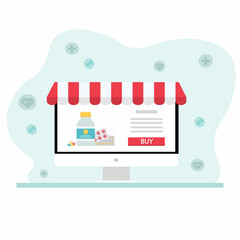 Fototapeta premium Online shopping concept pills.Online pharmacy .Vector illustration. Online pharmacy on the computer