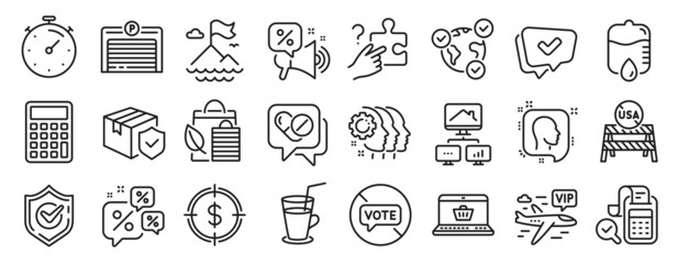 Set of Business icons, such as Calculator, Confirmed, Employees teamwork icons. Dollar target, Online voting, Cocktail signs. Discounts chat, Bio shopping, Parking garage. Drop counter. Vector