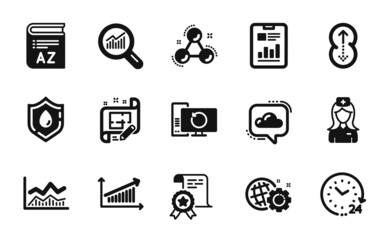 Vector set of Certificate, Data analysis and Swipe up icons simple set. Report document, Cloud communication and Recovery computer icons. Certificate simple web symbol. Vector