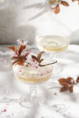 Two champagne glasses with splashes of champagne and pink cherry blossom on a grey surface