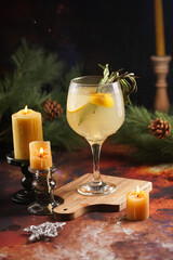 A big glass with christmas drink lemonade with rosemary and lemons surrounded by christmas decoration, lights and candles