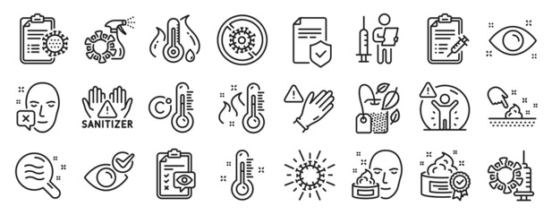 Set of Medical icons, such as Insurance policy, High thermometer, Coronavirus icons. Coronavirus vaccine, Face declined, Vaccination announcement signs. Use gloves, Vaccine report, Cream. Vector
