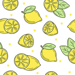 Fresh lemons background, hand drawn icons. Doodle colorful seamless pattern with fresh lemon collection on yellow endless background