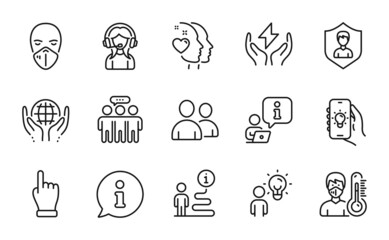 People icons set. Included icon as Medical mask, Safe energy, Electric app signs. Support, Organic tested, Group people symbols. Security agency, Click hand, Employees group. Heart, Users. Vector