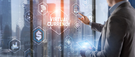 Fototapeta na wymiar Currency symbols on a virtual screen. Virtual Currency Exchange Investment concept 2021