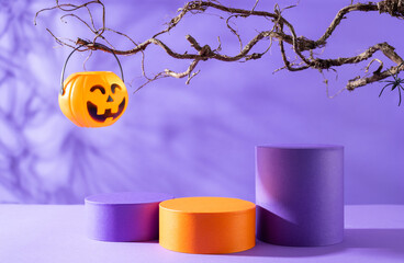 Halloween party concept. Podiums or pedestals for products display and pumpkin buckets for candies...