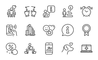 Business icons set. Included icon as Pets care, Alarm clock, Friendship signs. Reward, Smartphone statistics, Smile symbols. Move gesture, Teamwork, Medical help. Skyscraper buildings. Vector