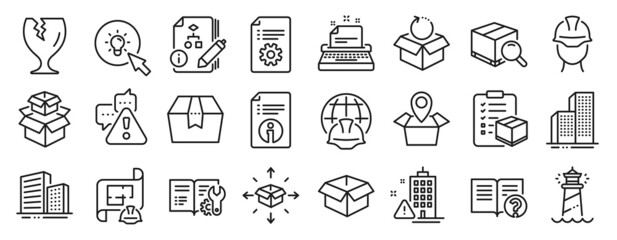 Fototapeta na wymiar Set of Industrial icons, such as Parcel delivery, Algorithm, Package location icons. Packing boxes, Buildings, Technical documentation signs. Typewriter, Skyscraper buildings, Help. Energy. Vector