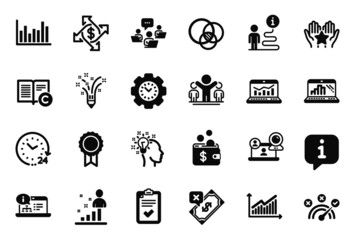 Vector Set of Education icons related to Reward, Bar diagram and Idea icons. 24 hours, Graph laptop and Euler diagram signs. Payment exchange, Time management and Ranking. Web analytics. Vector