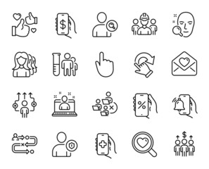 Vector set of Engineering team, Health app and Best manager line icons set. Security, Money app and Business way icons. Alarm clock, Find user and Love letter signs. Vector