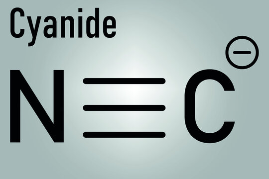 Cyanide anion, chemical structure. Cyanides are toxic, due to inhibition of the enzyme cytochrome c oxidase. Skeletal formula.