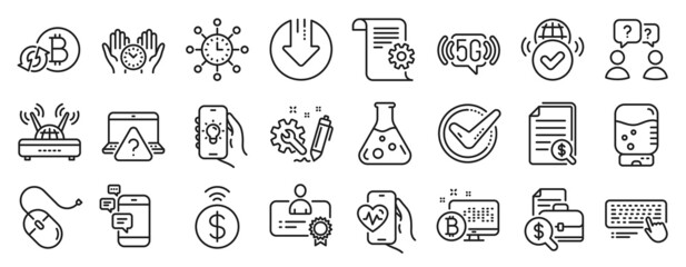 Set of Technology icons, such as Chemistry lab, Refresh bitcoin, 5g wifi icons. Confirmed, Certificate, Water cooler signs. Teamwork questions, Cardio training, Communication. Electric app. Vector
