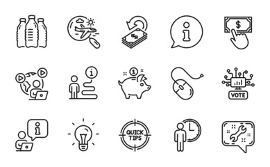 Business icons set. Included icon as Spanner, Tips, Video conference signs. Idea, Search flight, Online voting symbols. Payment click, Saving money, Computer mouse. Water bottles, Cashback. Vector
