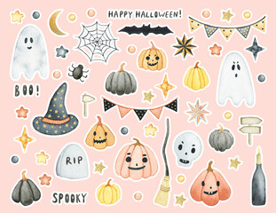 Watercolor cartoon Halloween stickers set. Hand drawn cute Halloween illustrations.