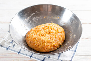 Pumpkin dough for making pumpkin gnocchi. Step by step