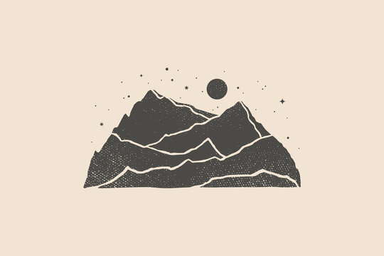 recommend clip art: Silhouette of mountains with moon and stars drawn with a stamp effect. Night desert landscape. Vintage emblem. Vector illustration.