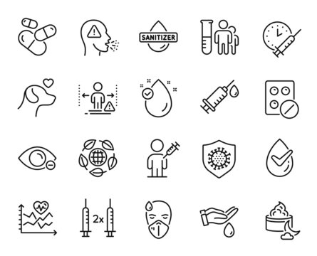 Vector set of Medical analyzes, Eco organic and Medical tablet line icons set. Coronavirus, Sick man and Pets care icons. Vaccination schedule, Myopia and Social distance signs. Vector