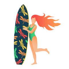 Red-haired young beautiful girl with a surfboard on a white background. Modern print for T-shirts, decorative pillows. Vector.