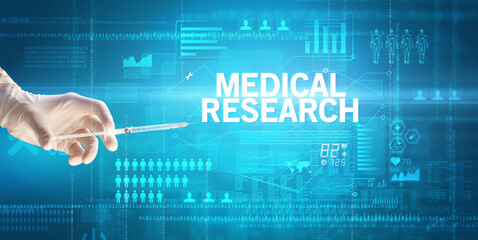 Fototapeta premium Close-up view of doctor's hand in a white glove holding syringe