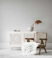 Minimalist Scandi Boho home interior mock-up with chest of drawers, chair and decor in living room, 3d render