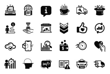 Vector Set of Business icons related to Cloud computing, 24h service and Hold heart icons. Market, Update data and Coffee cup signs. Typewriter, Taxi and Face scanning. Hat-trick, Search. Vector