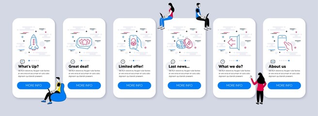 Technology icons set. UI phone app screens with teamwork. Included icon as Bitcoin, Rocket, Loyalty points signs. Delivery app, Sign out, Hold smartphone line icons. Vector