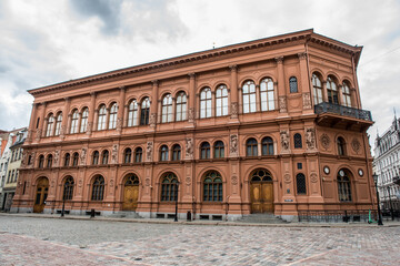 View of Art Museum Riga Bourse on Dome Square in Riga Old Town, Latvia.