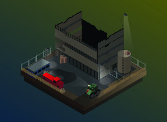 isometric vector illustration of ruined shopping mall at night with  abandoned cabooze and railway carriage nearby and dieselpunk  military tank with gatling guns guarding the area